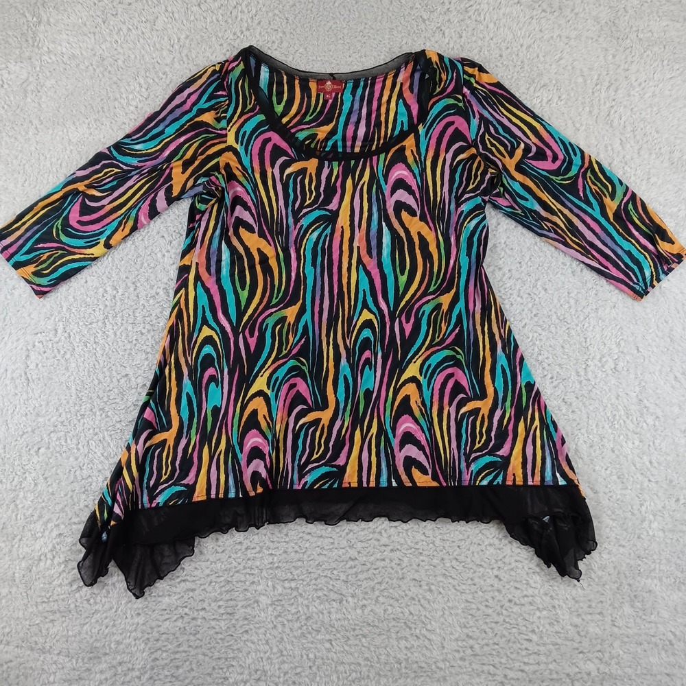 From the Heart Trudy Tunic‎ Top XL Multicolor Abstract Mesh Sharkbite Hem USA